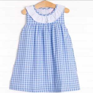Stitchy Fish blue gingham picnic plaid dress with ruffled collar #kids #gingham
